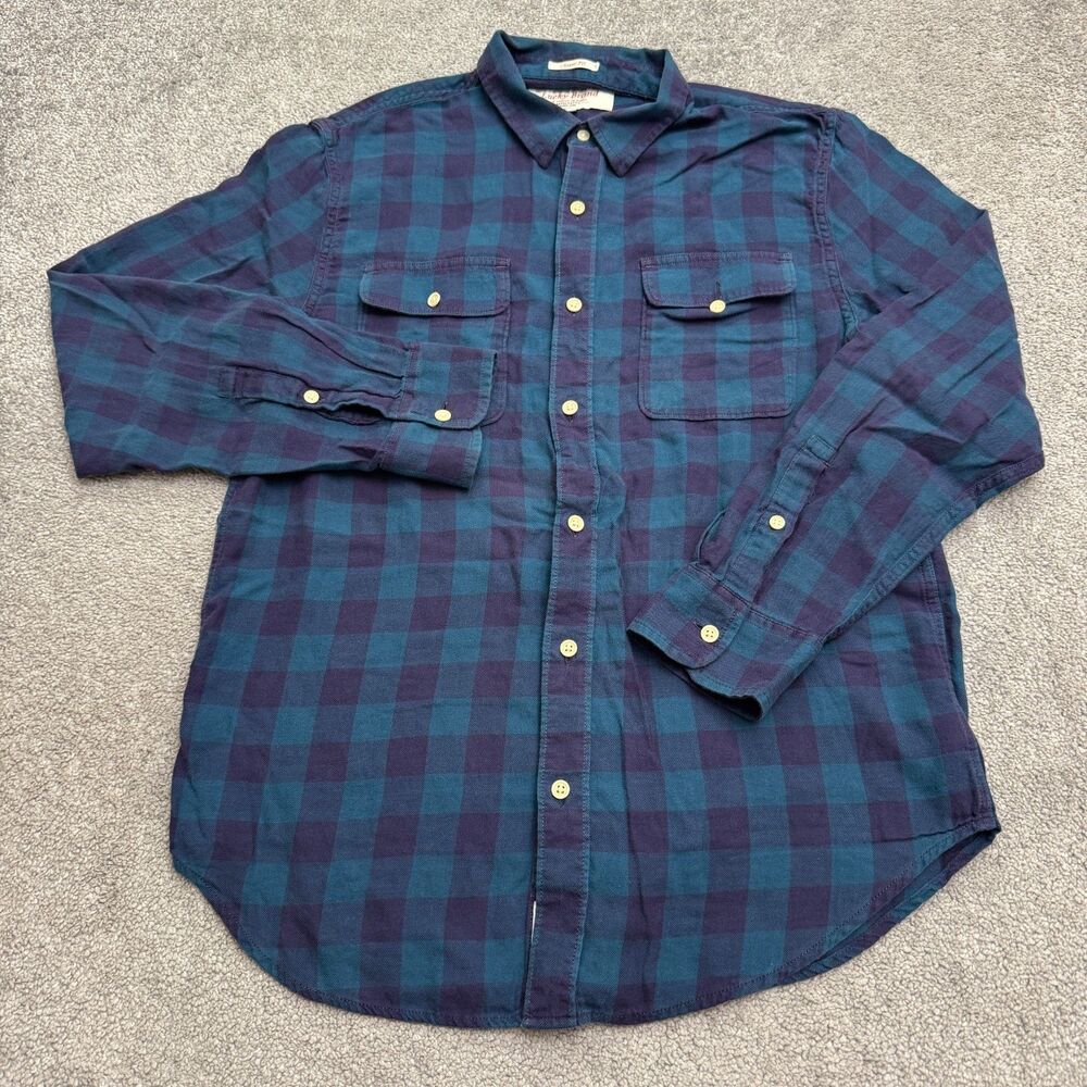 Lucky Brand Buffalo Plaid Cotton Flannel Shirt Mens Medium Blue Purple Casual